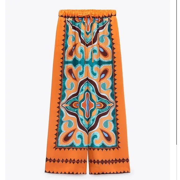 ZARA NEW WOMAN SS23 ORANGE FLOWY PRINTED PANTS REF:3098/156 XS,S,M,L,XL